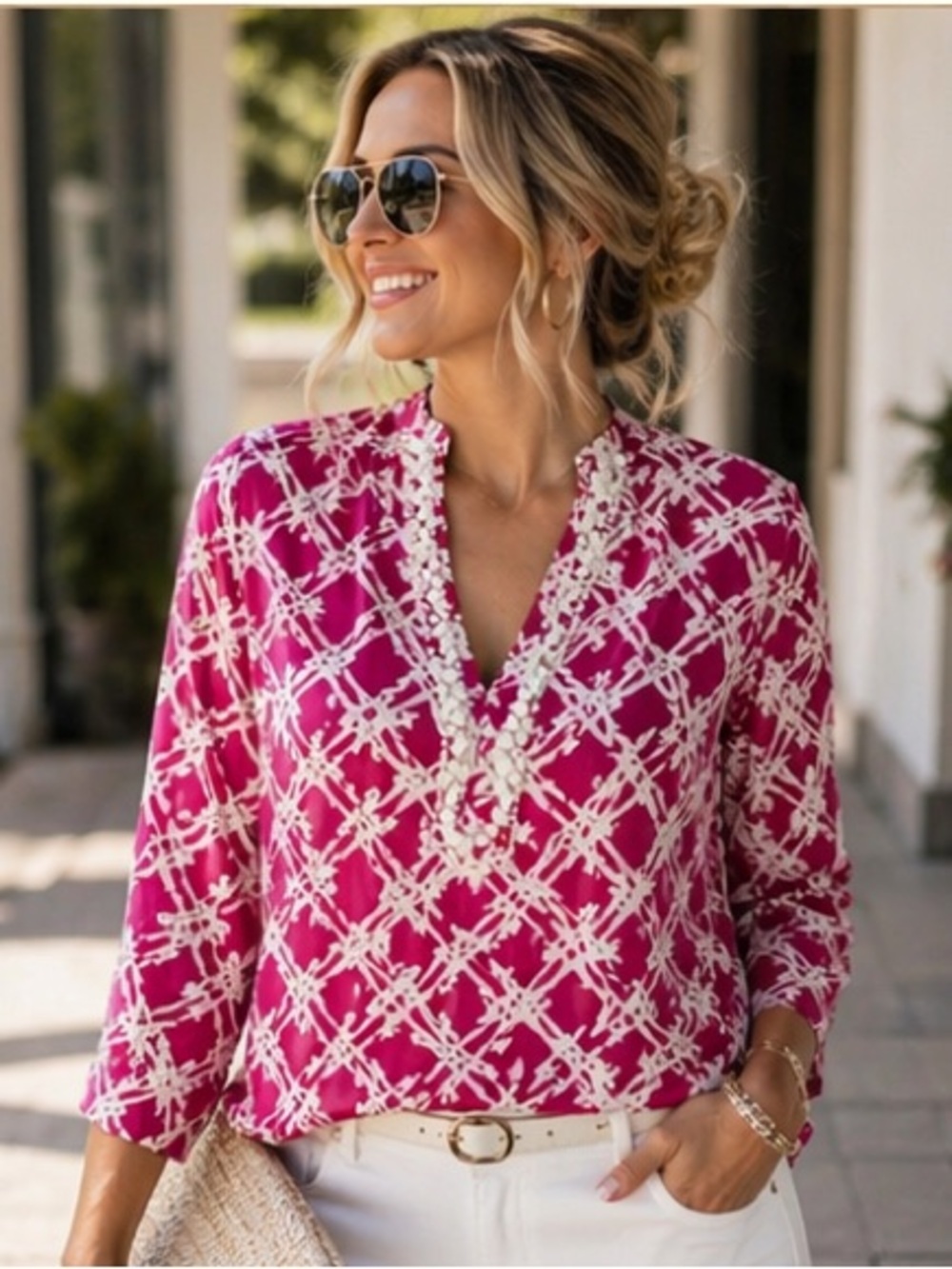 Southern Frock Pink & White Print Blouse | Resort Chic Preppy Summer Top